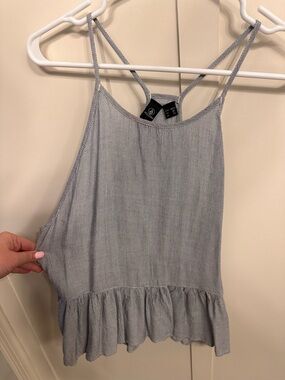 Volcom Light Blue Pinstriped Ruffle-Hem Cami